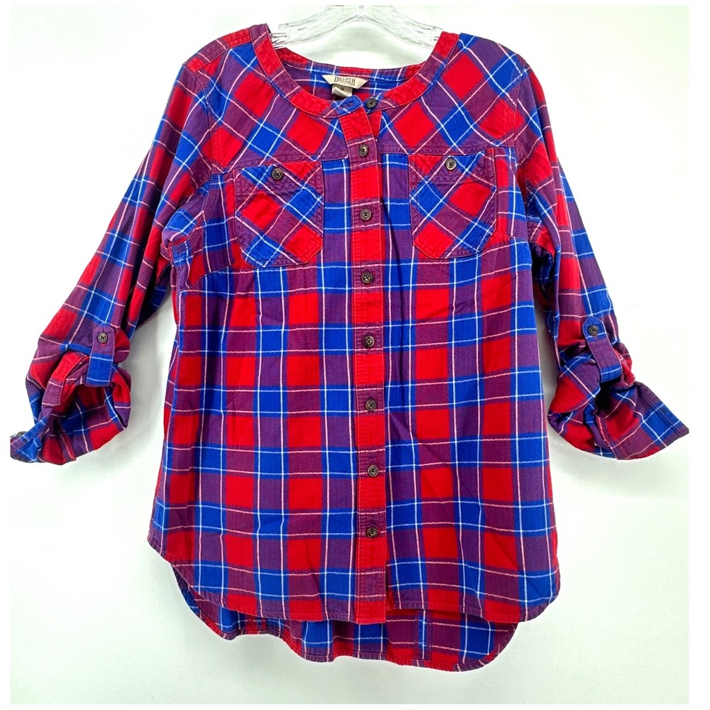 Duluth Trading Co Womens Red Blue Plaid Flannel Roll Tab Sleeve Shirt Size M